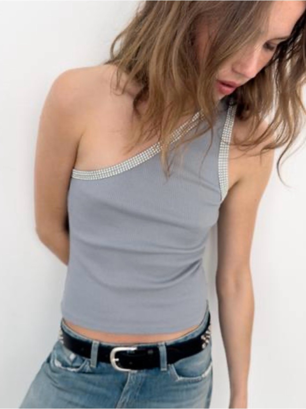 Zara One-Shoulder Ribbed Tank with Crystal Trim - Gray